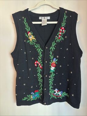 vintage embroidered Christmas holiday beaded  sweater Vest women’s medium cute
